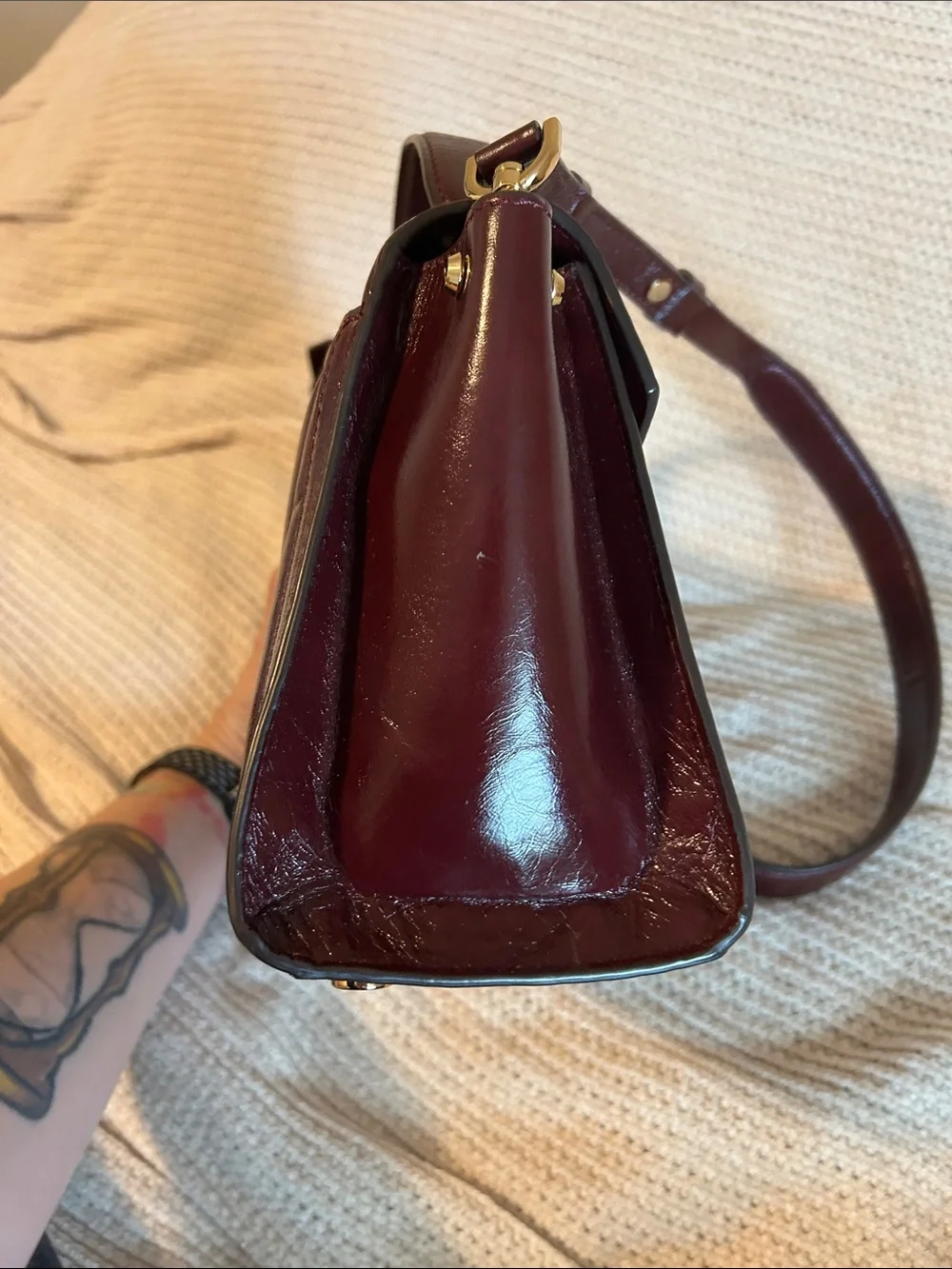 Michael Kors Quilted Patent Satchel in Deep Burgundy